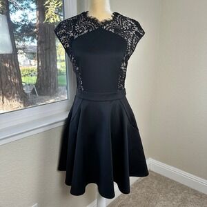 Ted Baker London Sew in Love Black Lace Cap Sleeve Fit Flare Dress Women 2 Party